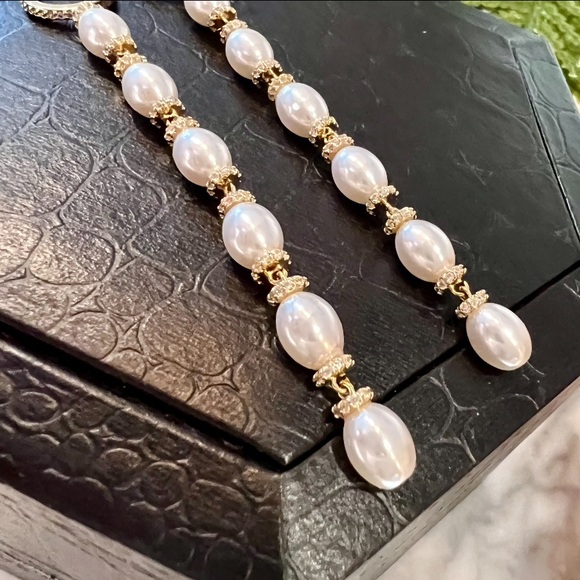 Long Gold Dangle Earrings White Pearls on Huggie Hoops-Like new! Great Gift! - Picture 9 of 15